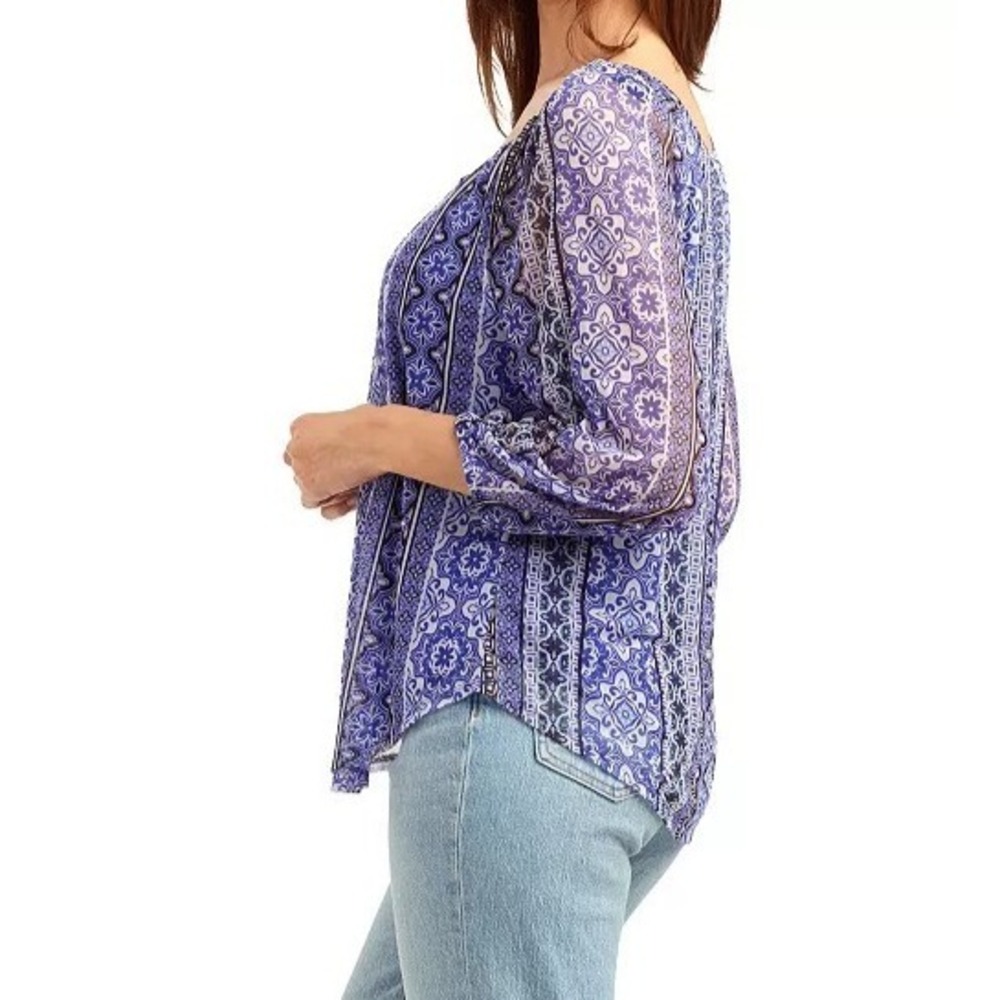 NWT BCX PRINT MESH SCOOP NECK PEASANT TOP boat neck womans XL - Picture 4 of 10